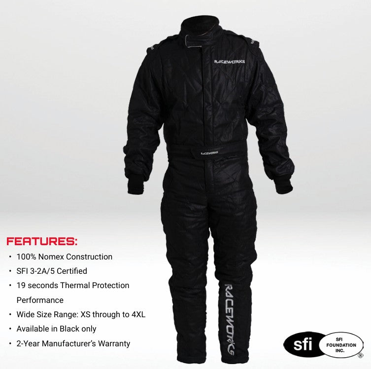 RACEWORKS BLACK RACE SUITS 1PC 2LAYER SFI APPROVED