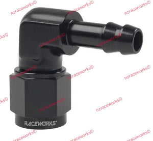 RACEWORKS FEMALE AN-8 TO 3/8'' BARB 90 DEG | RWF-413-08-06BK-NZRACEWORKS-Autoignite NZ
