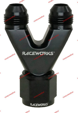 RACEWORKS STRAIGHT Y-BLOCK 2X AN-8 MALE FLARE AN-10 FEMALE AN SWIVEL | RWF-146-10-08BK-NZRACEWORKS-Autoignite NZ